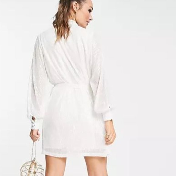 Pretty Lavish white sequined long sleeve mini Dress US 8 Balloon Sleeve - Picture 2 of 9